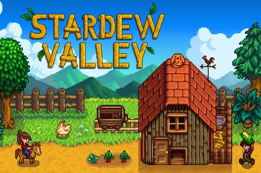 Stardew Valley Barn penny on a horse with her chickens next to her wooden cabin, in a beautiful forest. a cat naps on top of her house, and her friend brings her corn that she harvested from her farm. the art style of this image is pixelated , high contrast. the animations of the game are simplistic and mostly linear.
