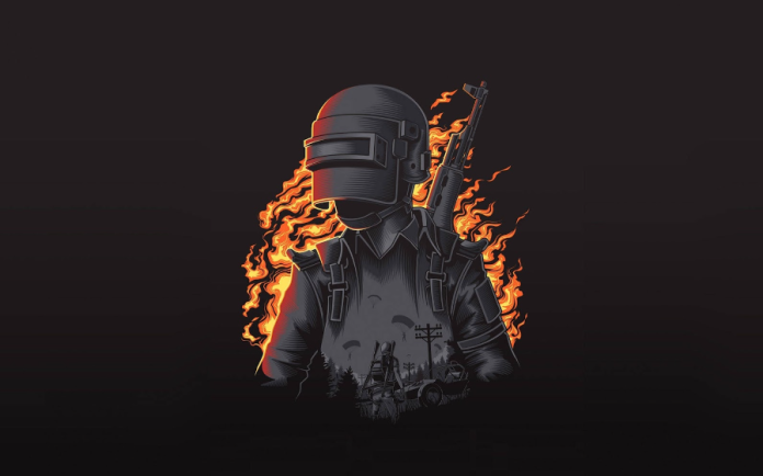 New PUBG Mobile Update Image in which a warrior soldier with a backlight of fire. grey tones and black background